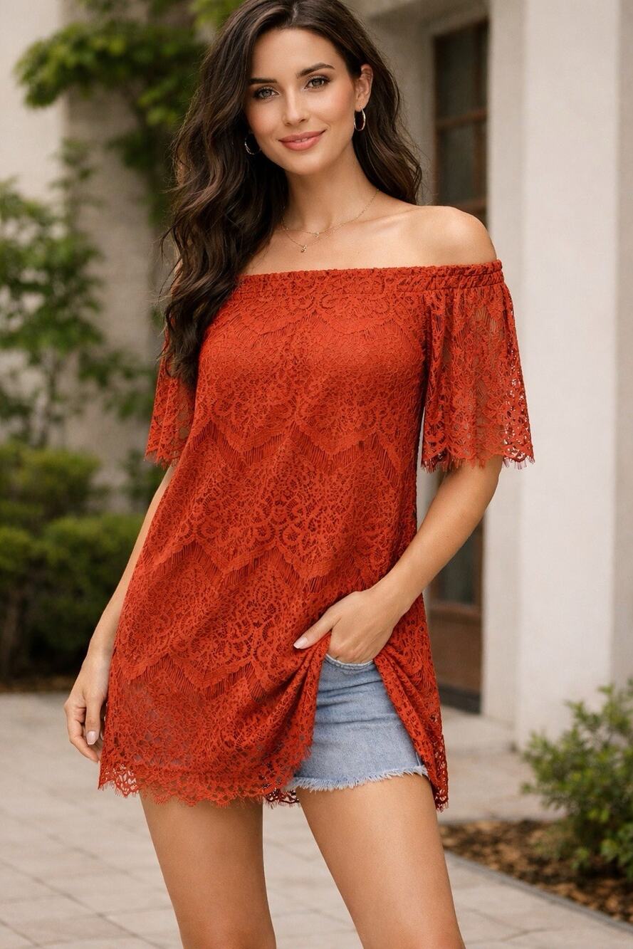 BLU PEPPER Rust Eyelash Lace Off The Shoulder Short Sleeve Tunic/Dress Sz M EUC